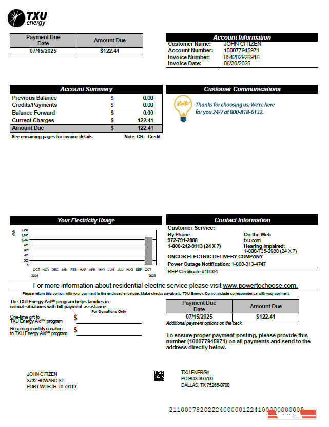 USA TXU Energy utility bill template in Word and PDF formats, version 2